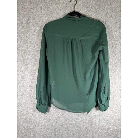 Express Blouse Women XS Green Semi Sheer Long Sleeve Button Front Neck tie Caree - Picture 6 of 7